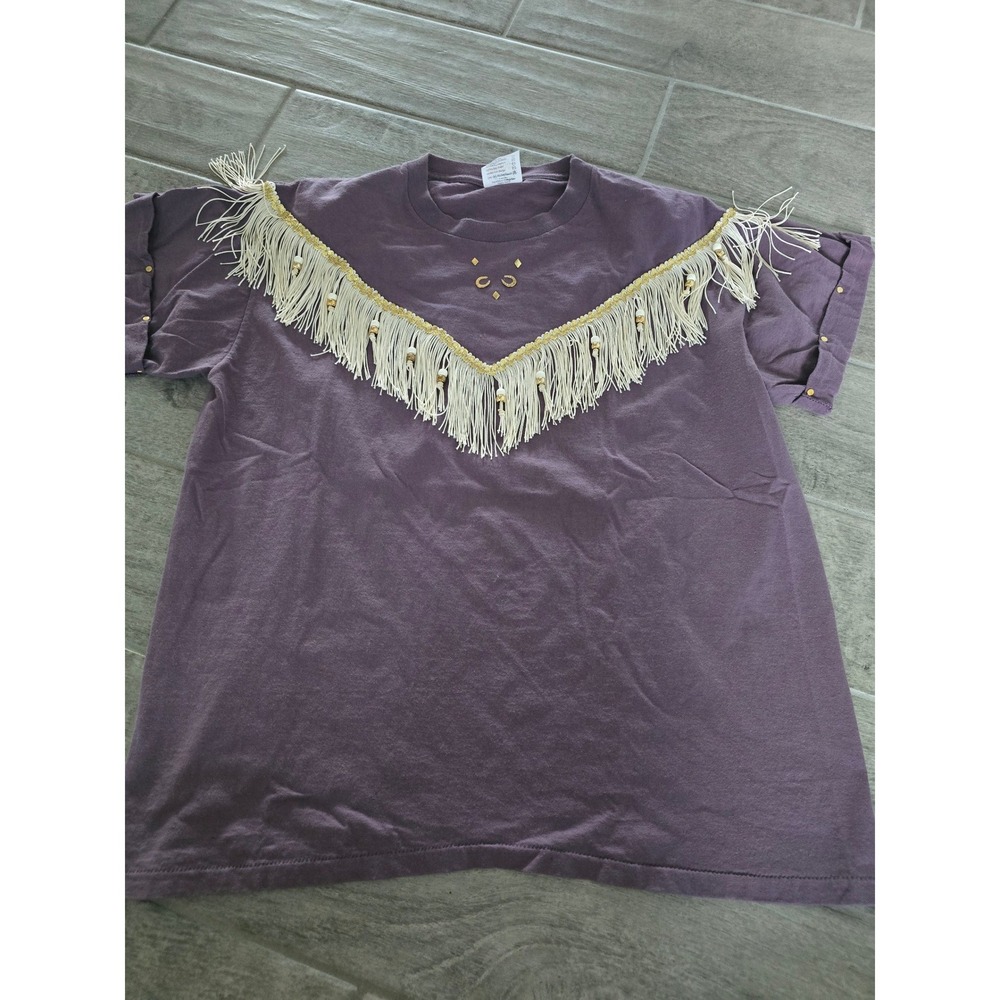 Vintage Hazelwoods Purple Fringe Western T-Shirt Beaded Studded Cotton Tee Large